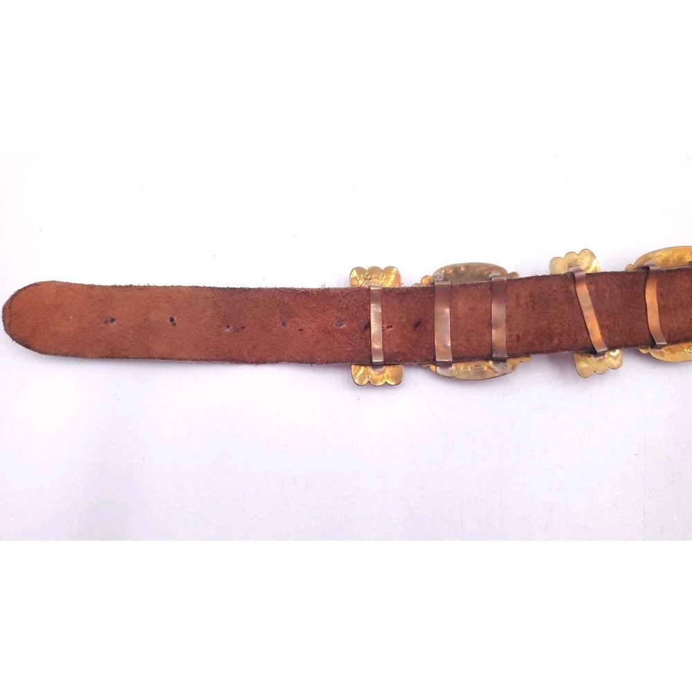 Vintage Handmade Brass Leather Navajo Concho Belt Turquoise Butterfly 32"-37" - Picture 4 of 12